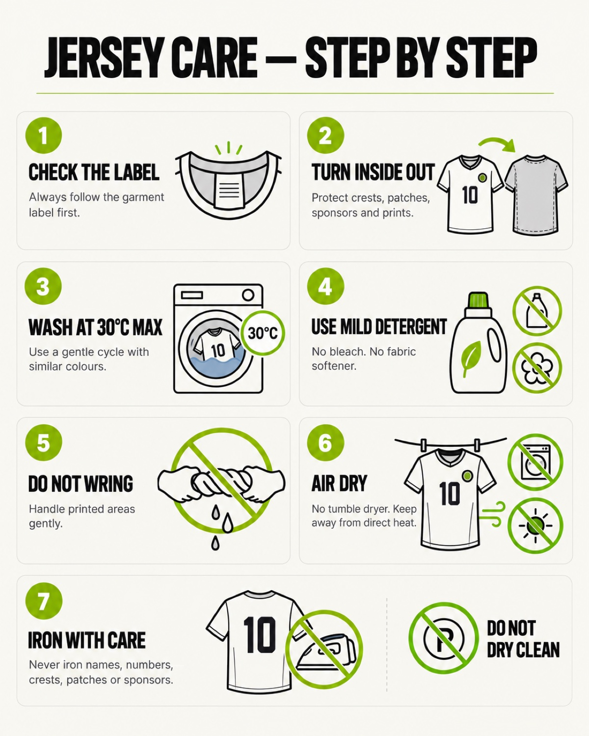 Seven-step illustrated guide for washing and drying a football jersey safely